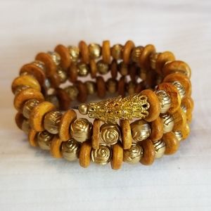 Spiral Gold Rose Carved Wood Bead Bracelet
